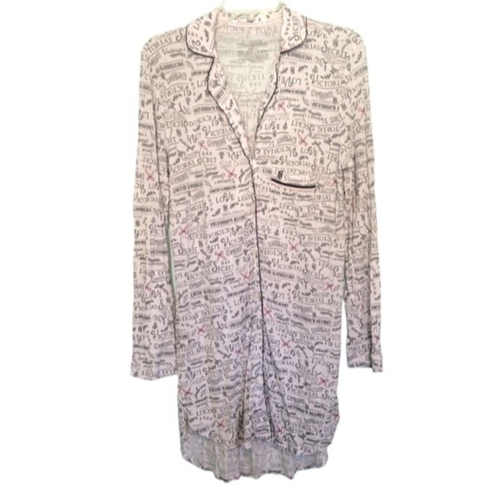 Victoria's Secret White & Black All Over Spellout Button Up Sleep Dress Size M